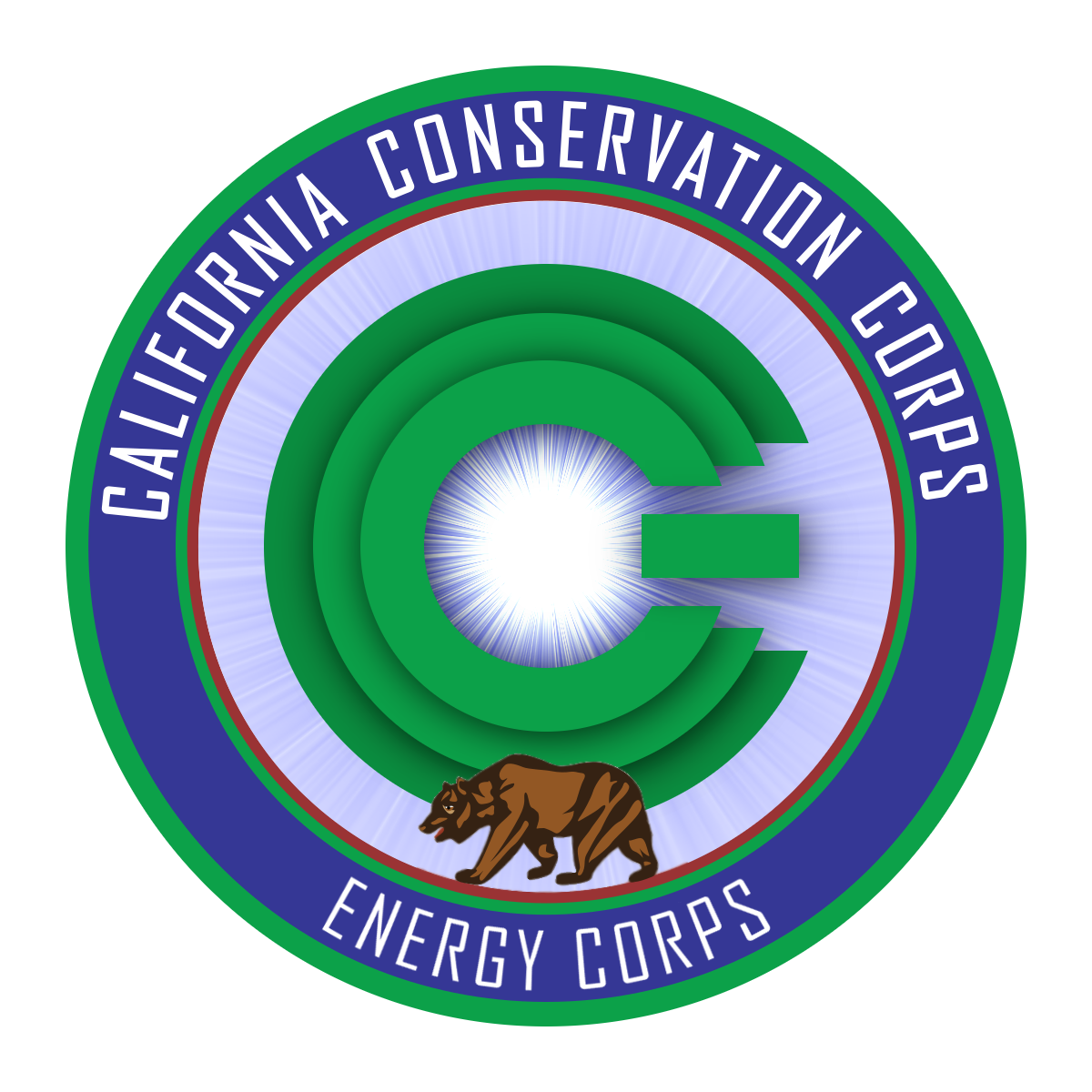 CCC Energy Corps logo. Reads: California Conservation Corps Energy Corps. Image depicts CCC as a computer power button, with light emanating from the center and a grizzly bear walking inside a circle.