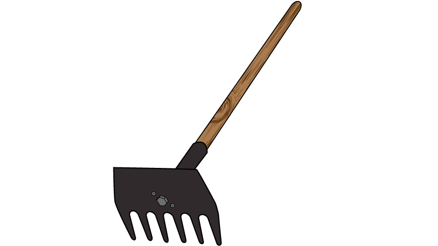Graphic of a McLeod, which is a long handled tool. The large flat head is perpendicular to the end of the pole, and has an edge with rake tongs on one side and a wide, flat hoe blade on the other.