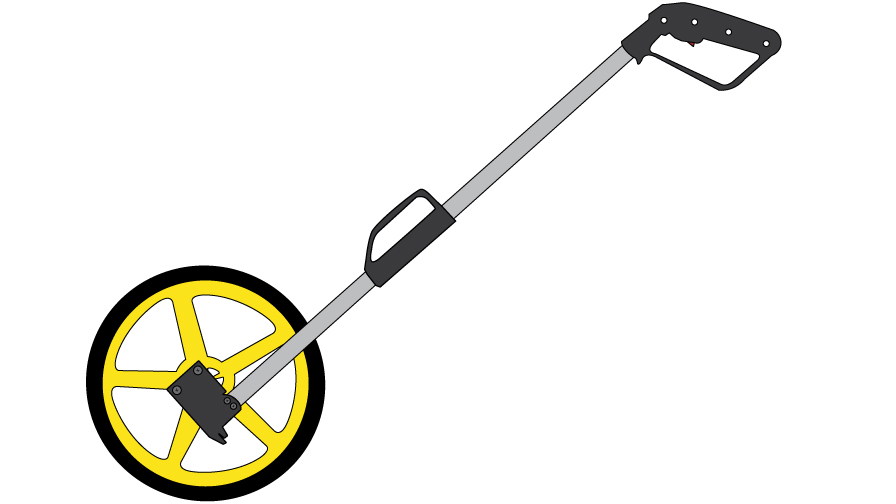 Graphic of a measuring wheel. It is a small wheel at the end of a handle. Near the wheel is the box with the mechanism that records how many rotations the wheel has made.