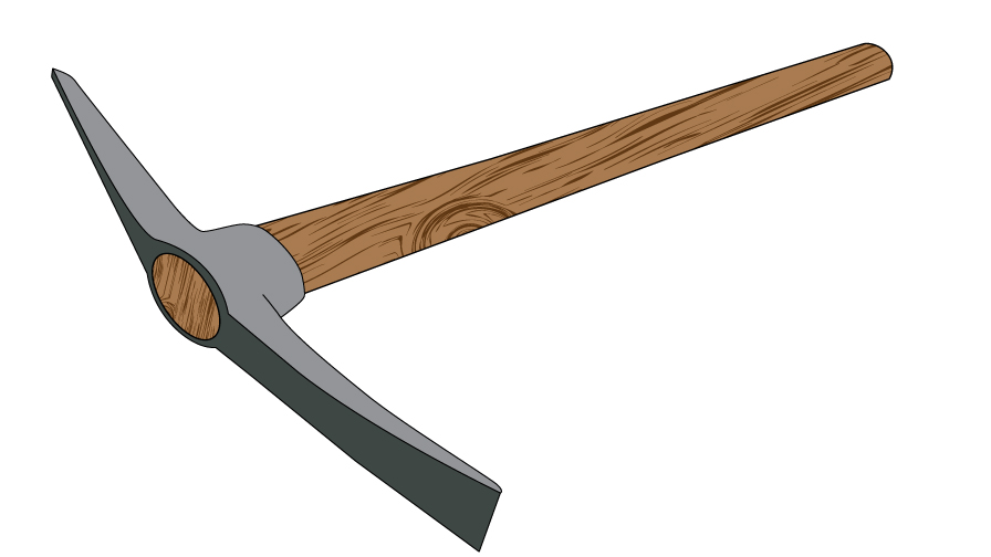 Graphic of a pick mattock, showing the handle and the head which has a thin pick head on one side and a flat mattock head on the other.