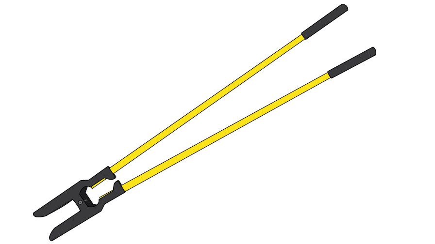 Graphic of a post hole digger. This tool looks like two long-handled, curved head shovels connected by a hinge near the heads. 