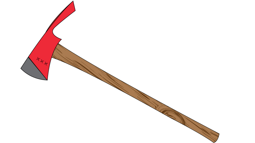 Graphic of a pulaski, which is a tool with an axe head on the front and a thin hoe blade on the back.