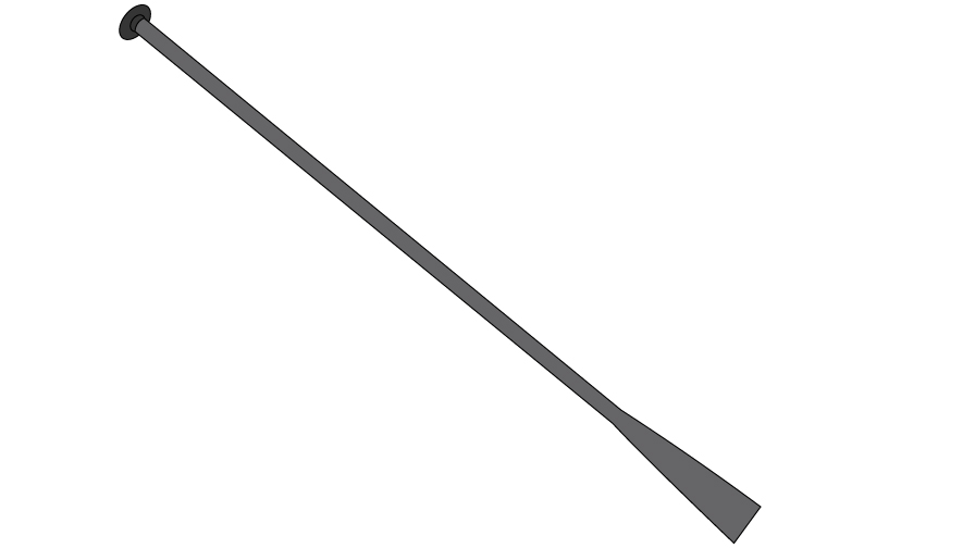 Graphic of a rock bar, which is a long, metal prying bar with a flat face for prying on one end and a knob for gripping on the other. 