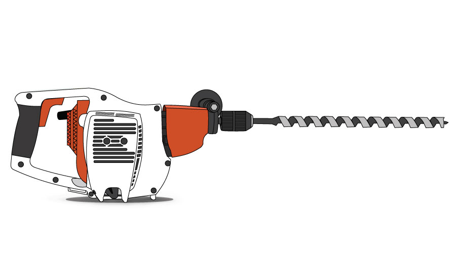Graphic of a wood boring drill. It has a white engine and a long, large spiraling bit. 