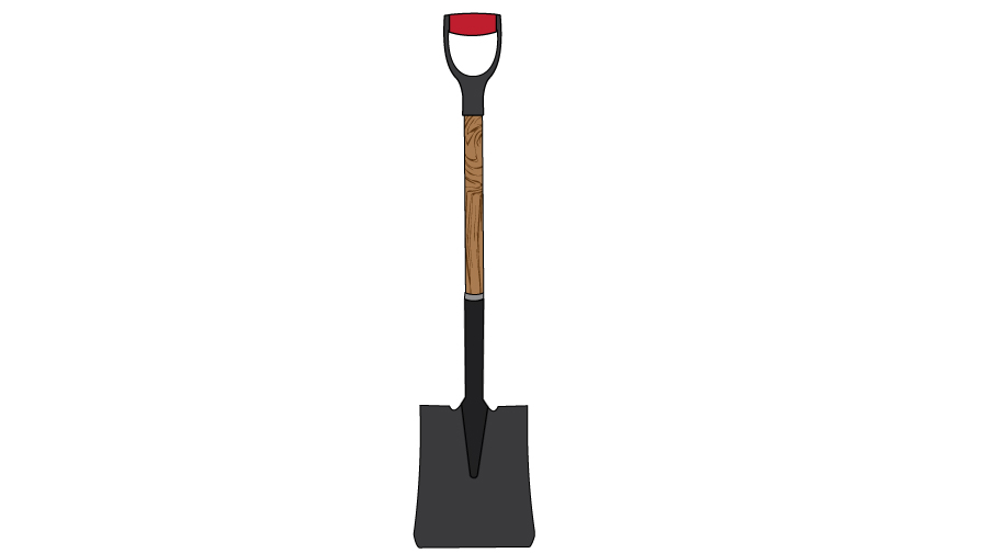 Graphic of a square point shovel. It has a D-grip on the end a a flat, straight front edge on the blade.