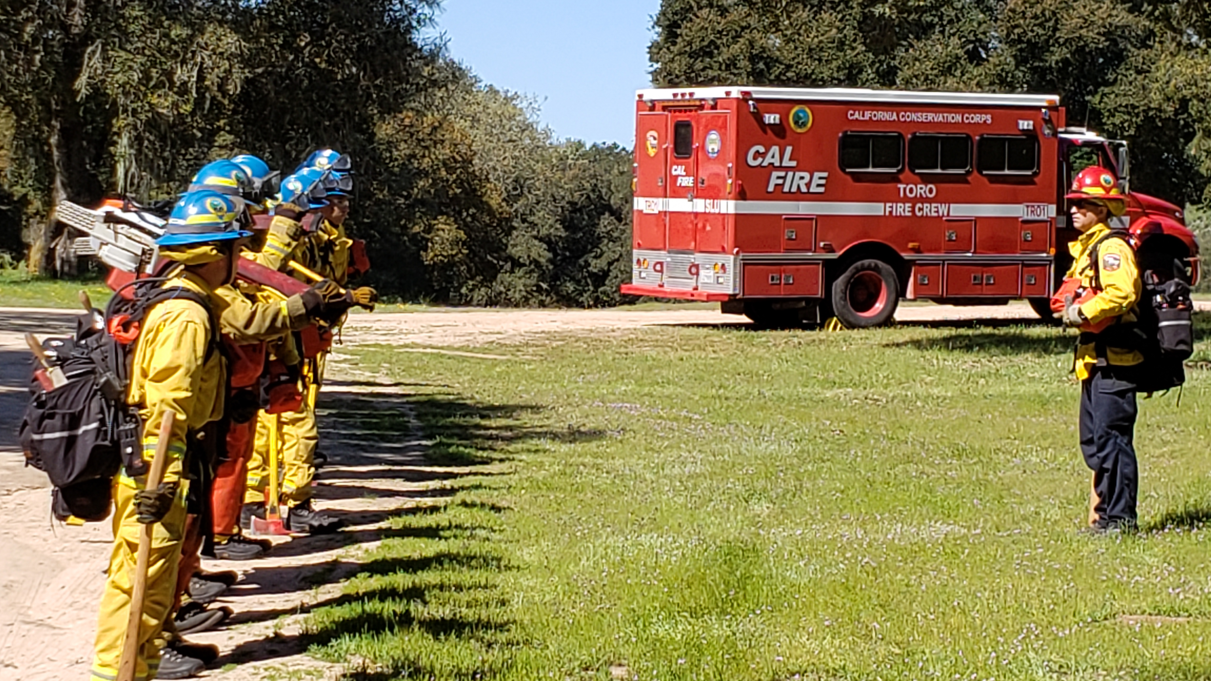 Crew from the Los Padres Center being educated on fire spotting techniques in a lookout tower.