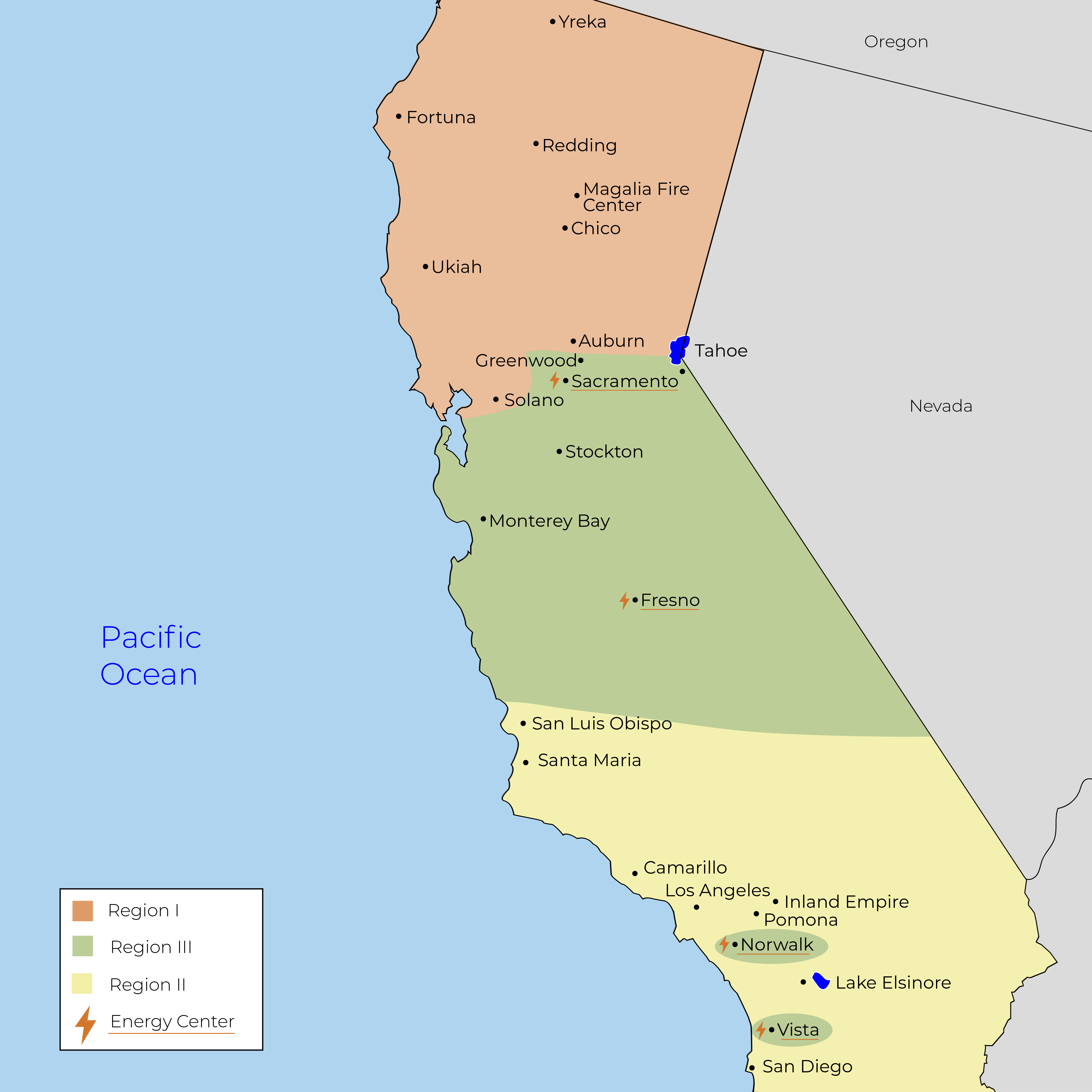 map of california split into thirds with varying colors to illustrate the ccc's regions