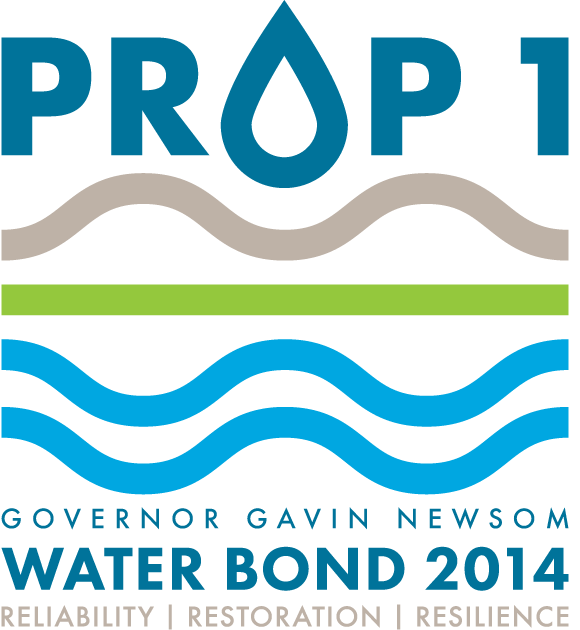 Prop 1 logo reads Prop 1 governor gavin newsom water bond 2014, reliability, restoration, resilience