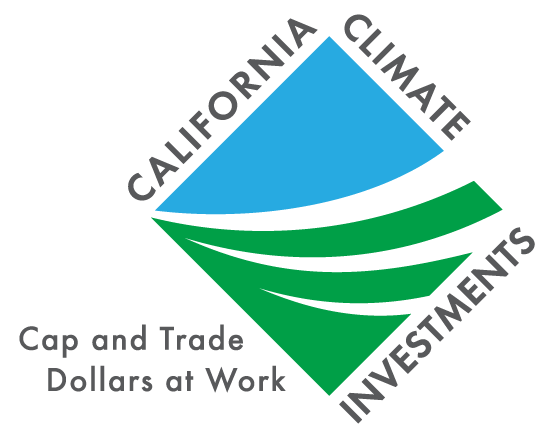 California Climate Investments logo. Reads, California Climate Investments, Cap and Trade Dollars at Work. Image depicts blue sky and green grass in a square surrounded by the words.