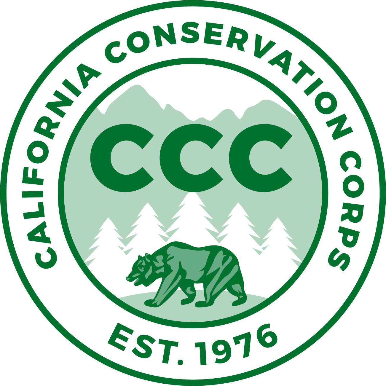 CCC logo, reads California Conservation Corps, established 1976. CCC, featuring mountains, pine trees and a grizzly bear
