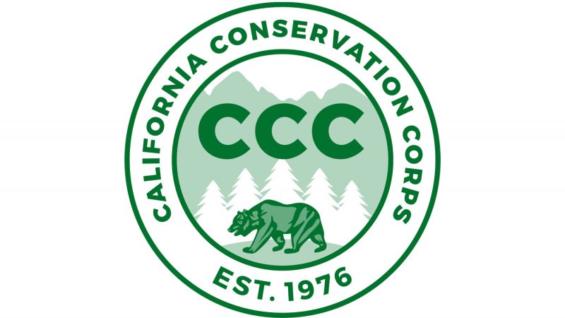 CCC logo, reads California Conservation Corps, established 1976. CCC, featuring mountains, pine trees and a grizzly bear