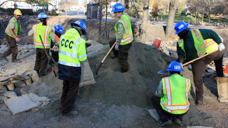 Solano Center Corpsmembers fill sandbags during an emergency response.
