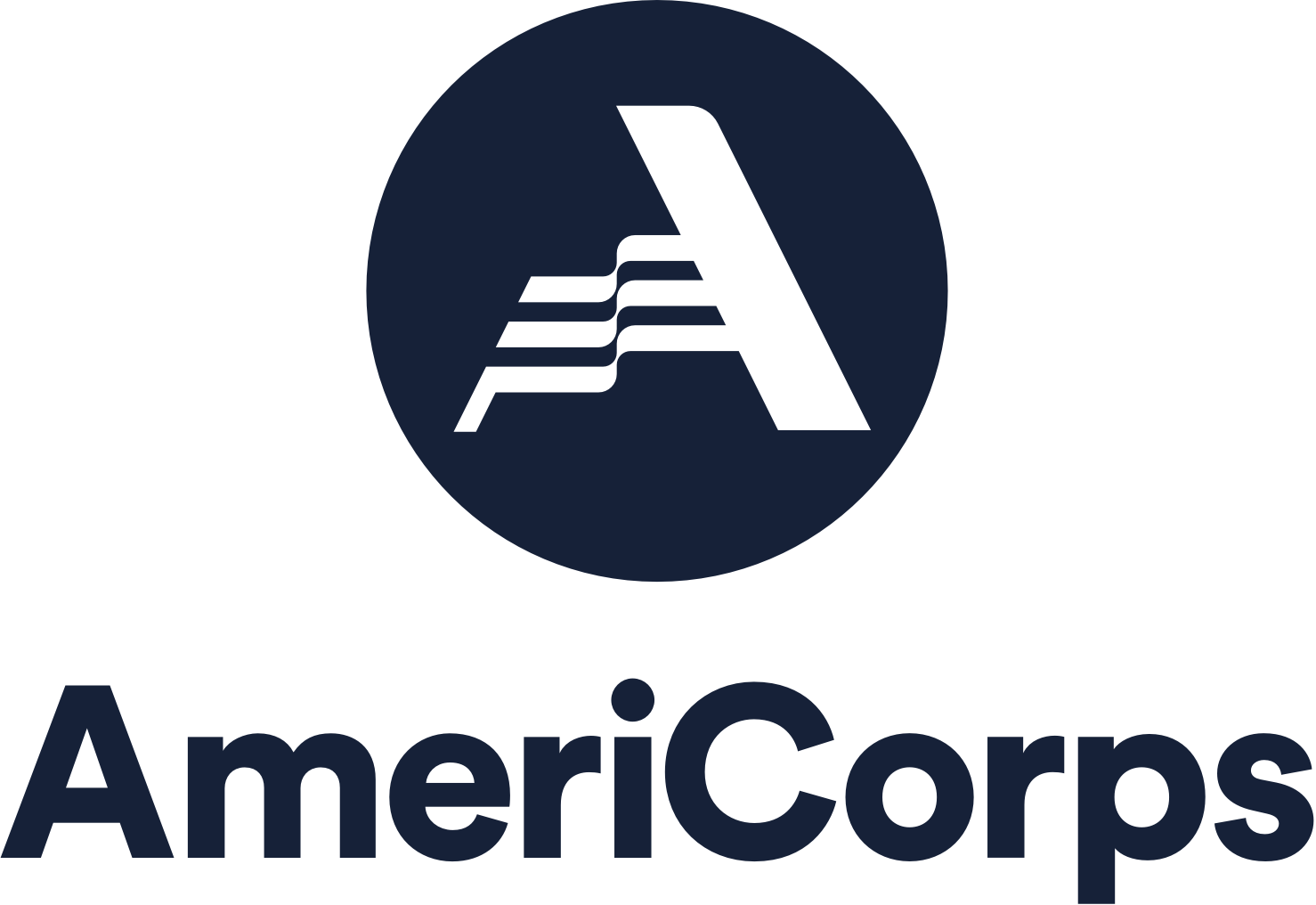 AmeriCorps logo. Reads: AmeriCorps. Image depicts white A logo inside blue sphere with words AmeriCorps below.