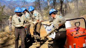 corpsmembers using shovles moving dirt into wheelbarrow