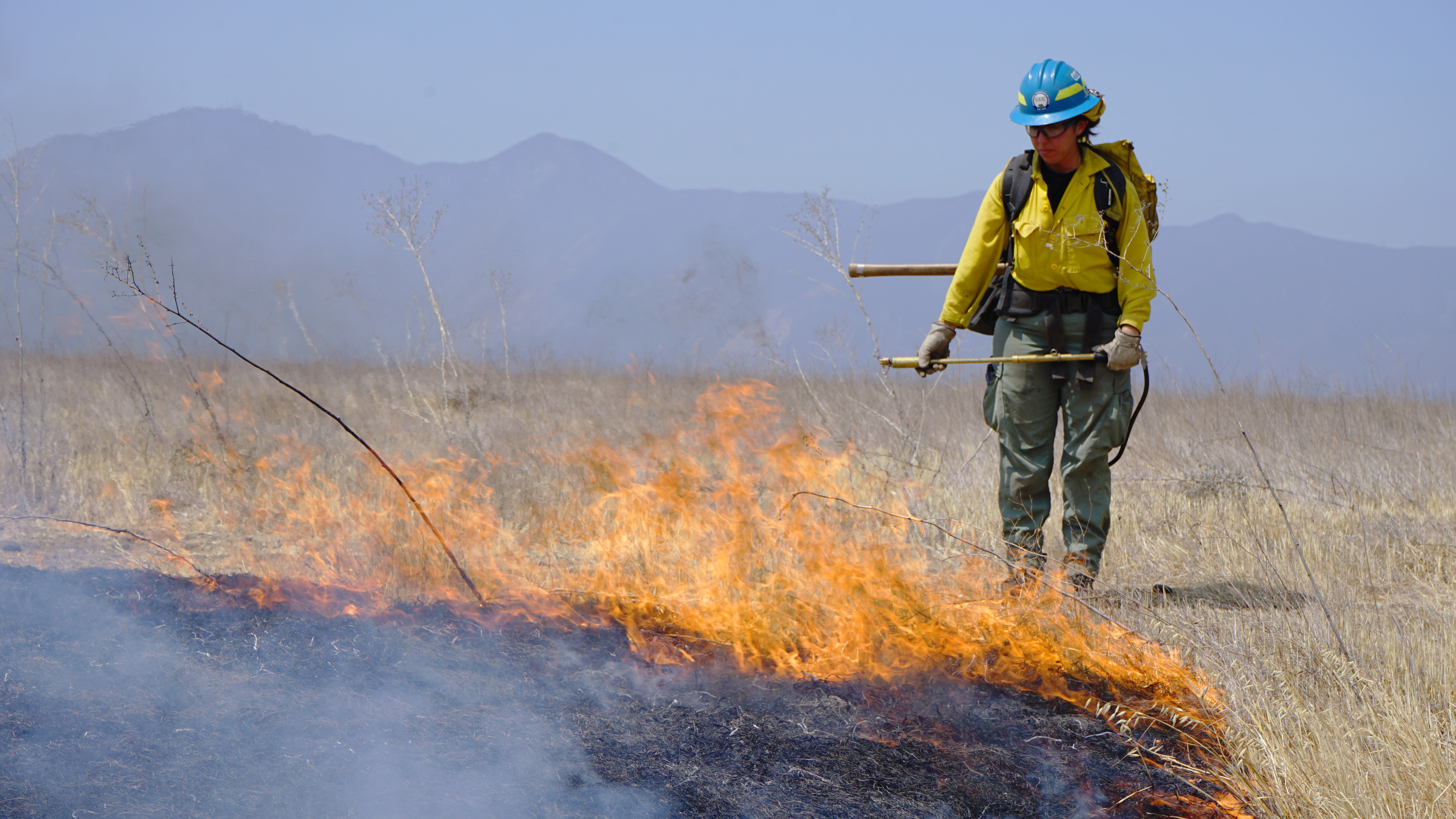 Female firefighter stands with water pack in fire gear watching prescribed burn as it approaches the edge of grass
