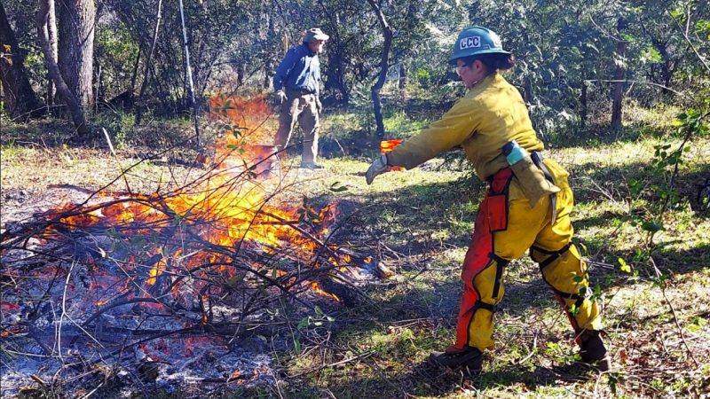 female tosses material into burn pile