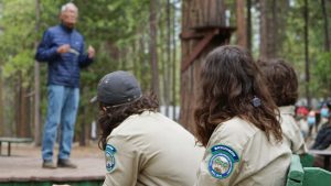 CCC Director Bruce Saito talking to the Corpsmembers of the Backcountry Trails Program at Camp Mather