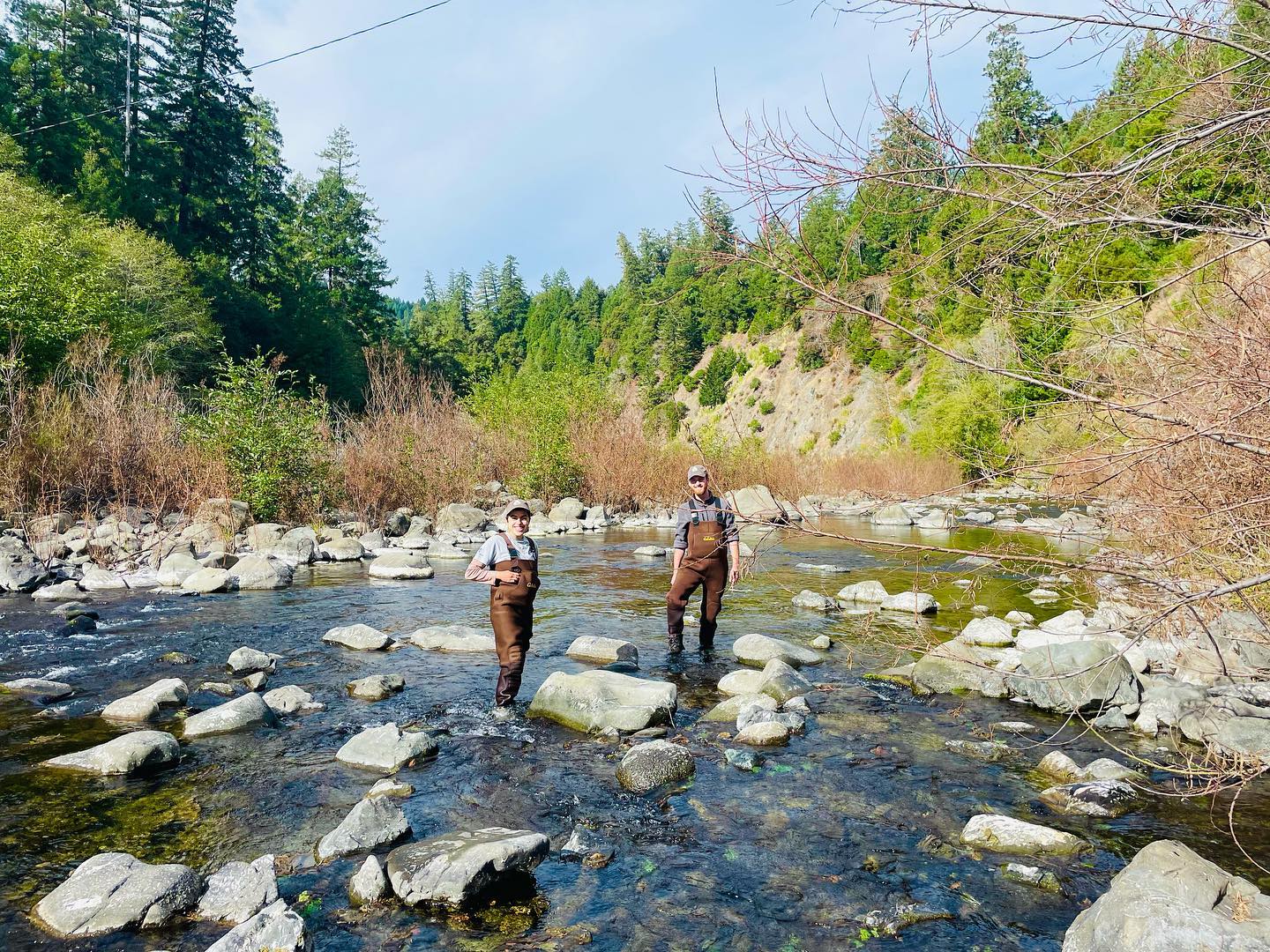 Corpsmembers standing in a creek collecting Cyanobacteria