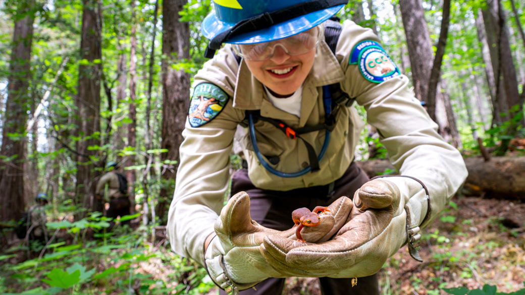 corpsmember holding red salamander