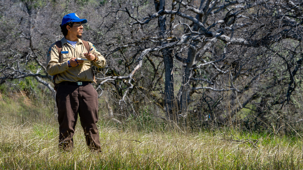 man standing in field taking notes