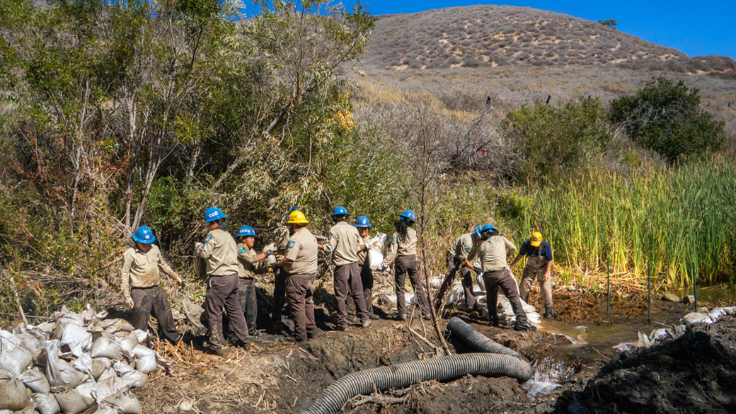 corpsmebmers near creek chaining sand bags
