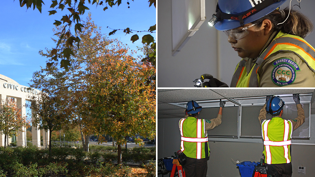 Main Image_Vista_1040x585 left: vista civic center beauty shot. Top: female holding on to wires. Bottom: two Corpsmembers on ladders working on lights.