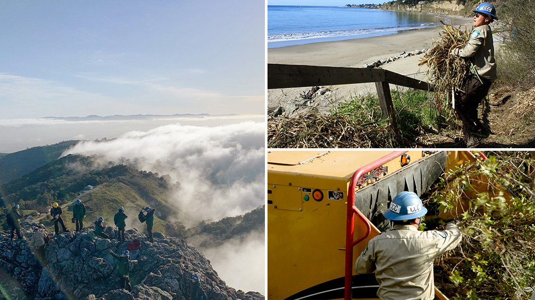 MainImage_MontereyBay_1040x585 (Left) Corpsmembers at Fremonts Peak, (Top right) Corpsmember removes debris (bottom right) Corpsmember adds branches to woodchipper.