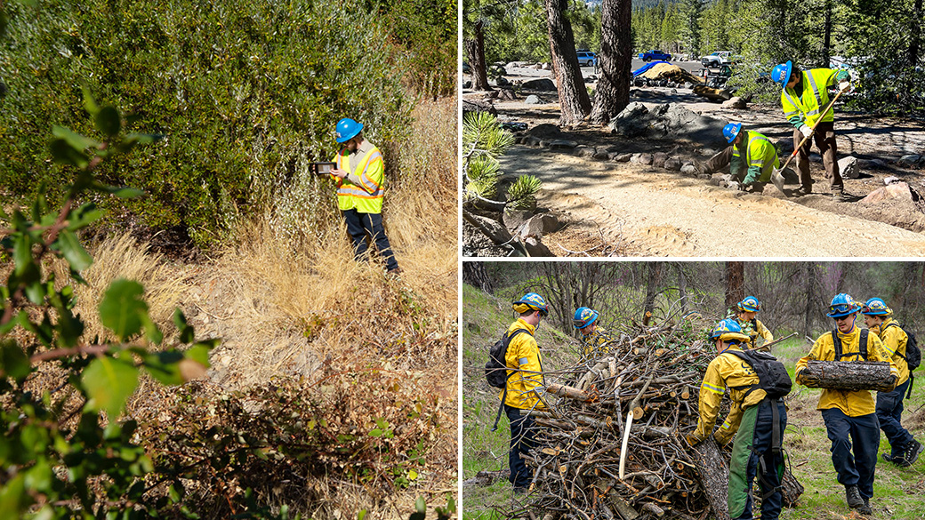 MainImage_Redding_1040x585 Corpsmembers with the Placer 1 fire crew cut fire line with hand tools as flames from the Dixie Fire approach in 2021.