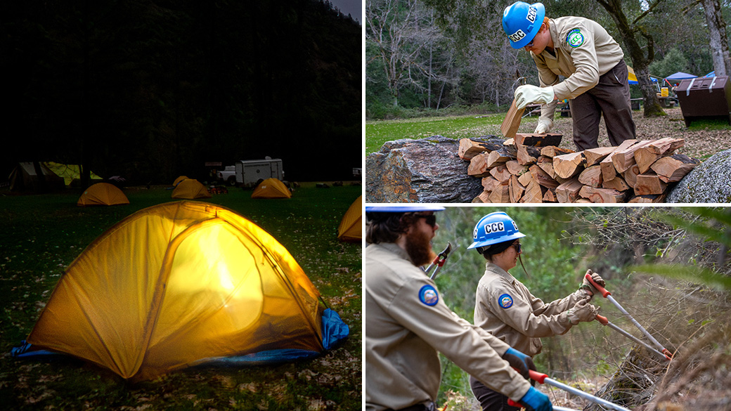 MainImage_Siskiyou_1040x585 Corpsmembers with the Placer 1 fire crew cut fire line with hand tools as flames from the Dixie Fire approach in 2021.