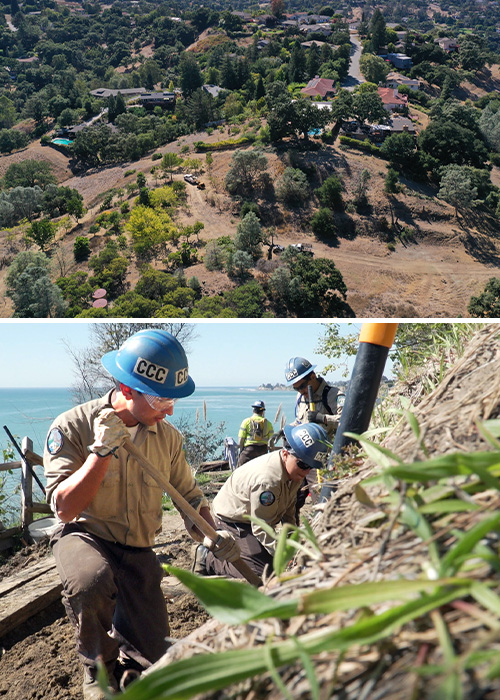 (top) aerial view of trees, (bottom) corpsmember digging to remove dirt for a trail project.
