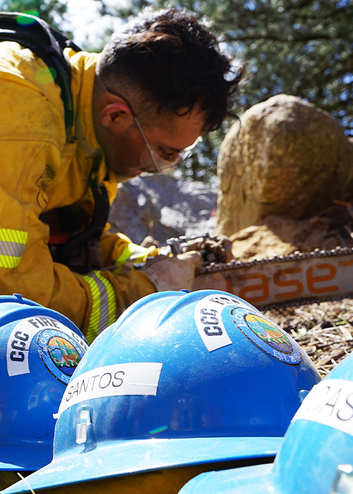 SideImage_LosPinos_500x700 Corpsmember sharpening their chainsaw, CCC blue hard hats in the foreground.