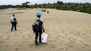 CCC Fortuna Corpsmembers cross large sand dunes on their way to remove invasive ivy from the forest nearby.