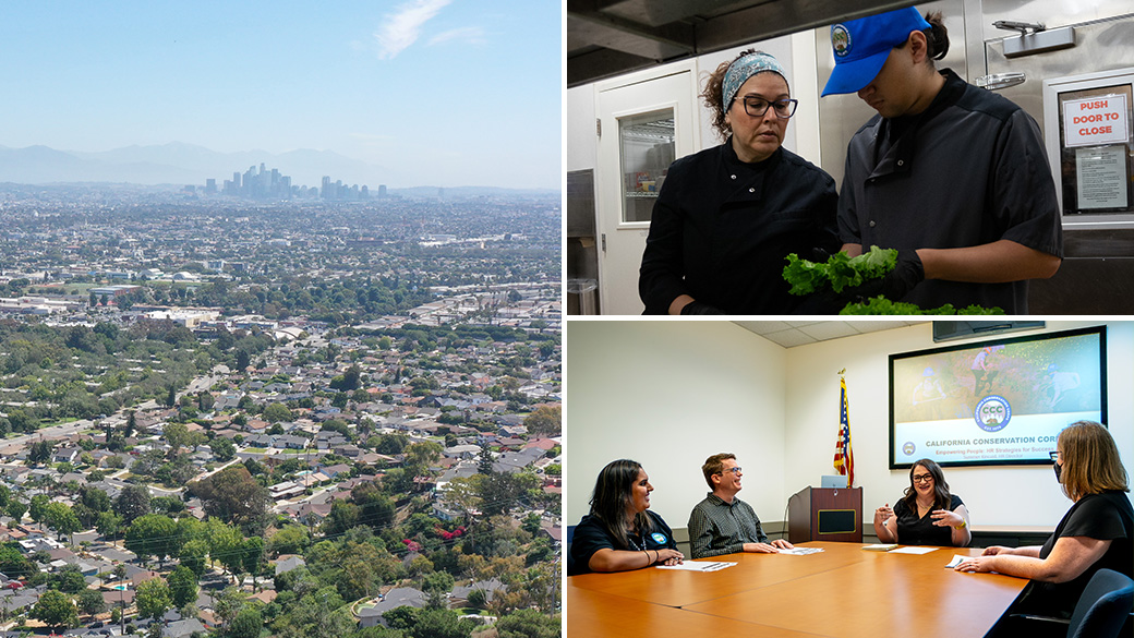 Staff_Careers_Job_Options_100724 Three image collage. Scenic shot with LA skyline in the distance. Female instructing male while looking at lettuce. Staff in a meeting room sharing a laugh.