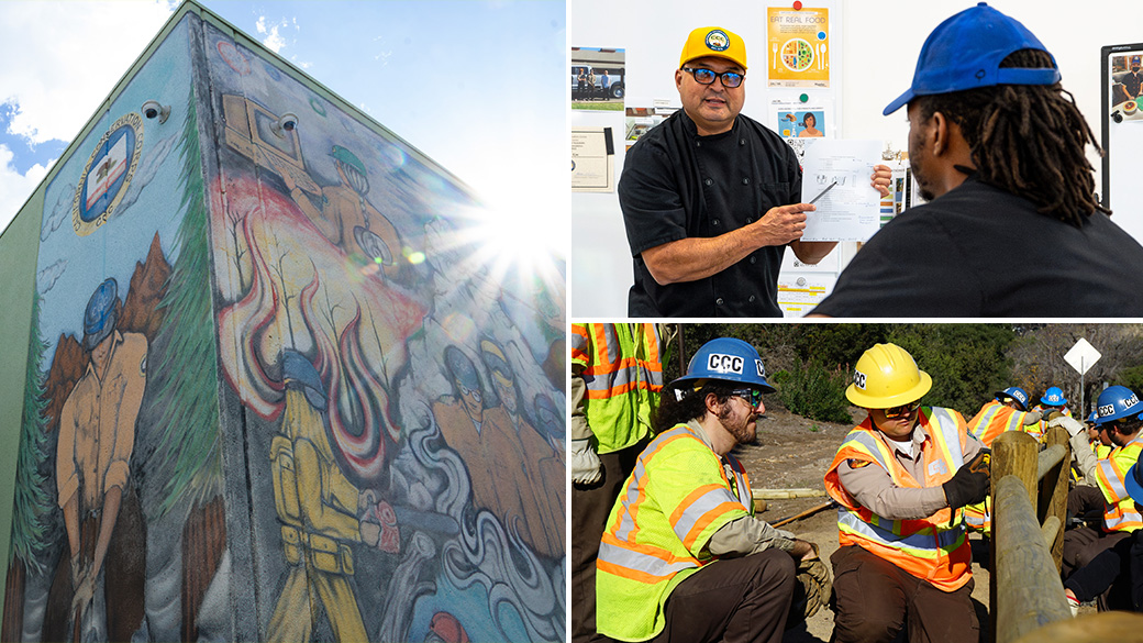 Staff_Careers_Main_Page_Image_Alt_100724 Three images in a collage. Exterior building. Man instructing Corpsmember in classroom. Woman demonstrating tool usage to Corpsmember.