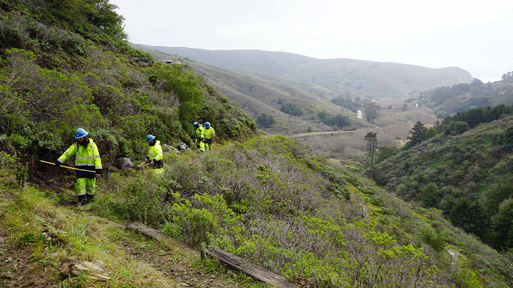 corpsmembers in rain gear using hand tools to cut back vegetation