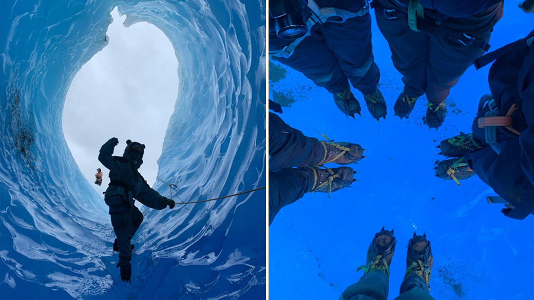 Global_Patagonia_SplitCaveIceShoes_022325_1040x585 Left: person in silhouette walking inside an ice cave. Right: photo of people standing in circle only see ice shoes.
