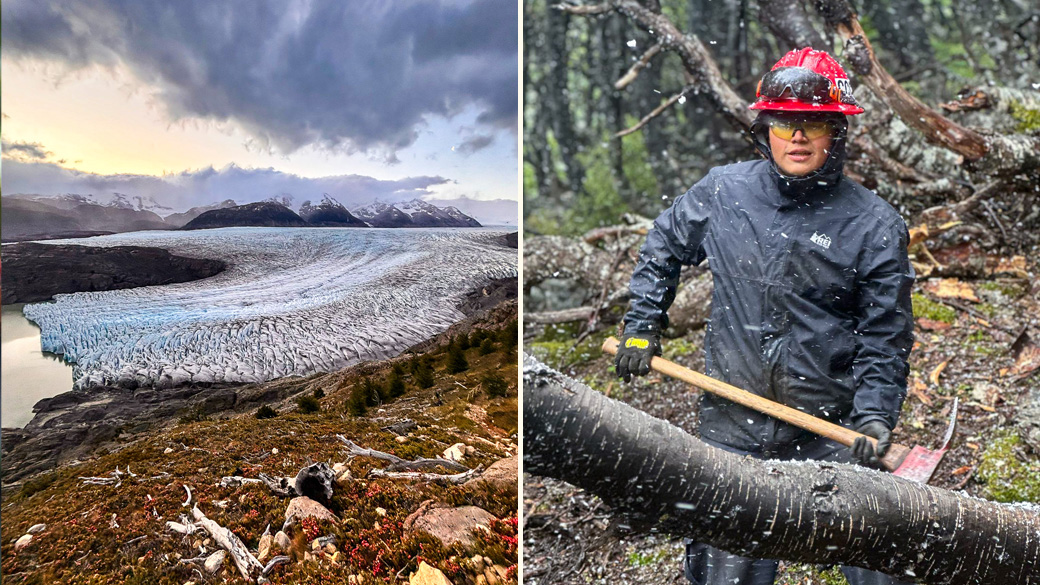 Global_Patagonia_SplitGreyGlacierAxeinSnow_021425_1040x585 left: glacier at sunset. right: corpsmember holding an axe in the snow