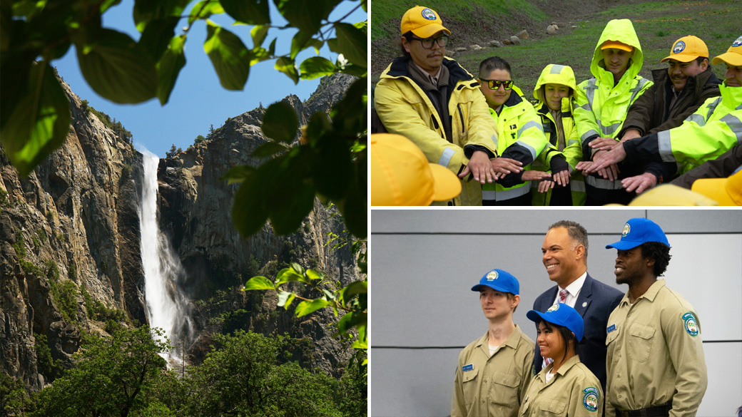 MainImage_AboutUs2_1040x585 Left: scenic photo of a waterfall in Yosemite. Top: people placing hands in a circle. Bottom: smiling adults in uniform and suits inside a building.