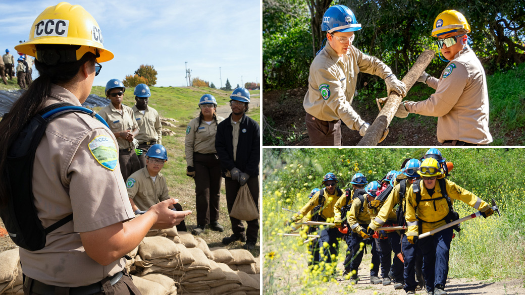MainImage_Conservationist1_Collage_1040x585 Left: female in helmet talking to young people listening. Top: male handing another male a tree branch. Bottom: female leading group of men up a hill in fire gear.