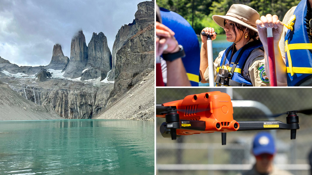 MainImage_CorpsmemberBenefits_Collage_1040x585 left: scenic view of a lake in Patagonia. Top: Corpsmember in floatation device smiles while holding paddle. Bottom: drone hovers over the ground with blurry Corpsmember in the far background.