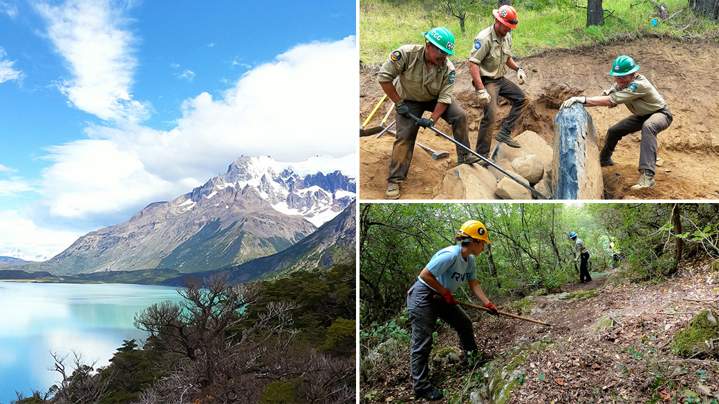 MainImage_GlobalCorps_2025_1040x585 Side image: A scenic view of a lake in Patagonia in southern Chile. Top image: three Corpsmembers working together to remove a giant rock from a trail bed. Bottom image: An Ecogenia corps members works down the trail from a CCC Corpsmember in Greece.
