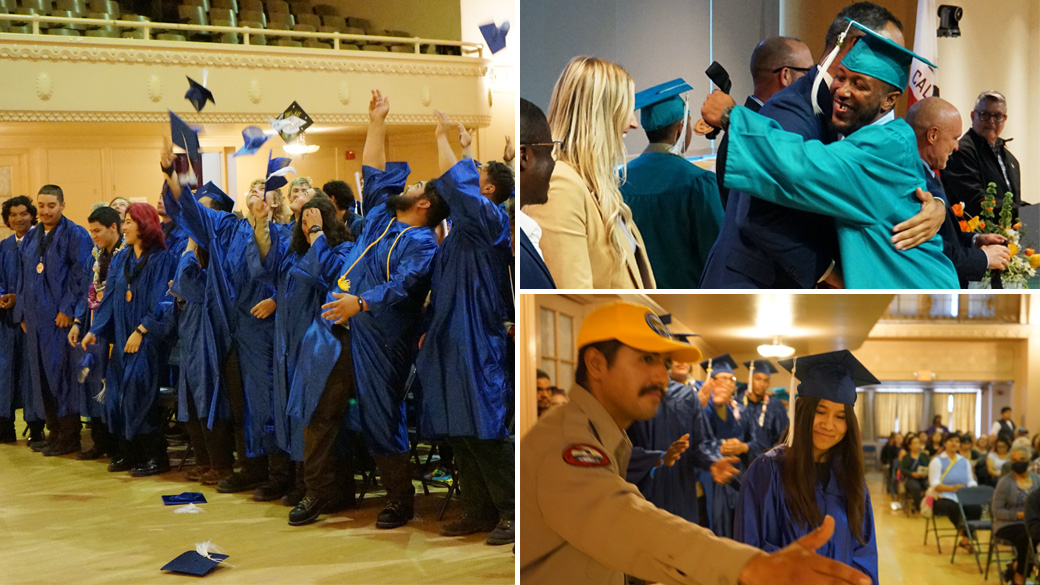 MainImage_Graduation_2025_1040x585 Side image: Corpsmembers toss graduation caps into the air. Top image: Graduate hugs CCC Director JP Patton. Bottom image: CCC staffer points female graduate toward the stage.