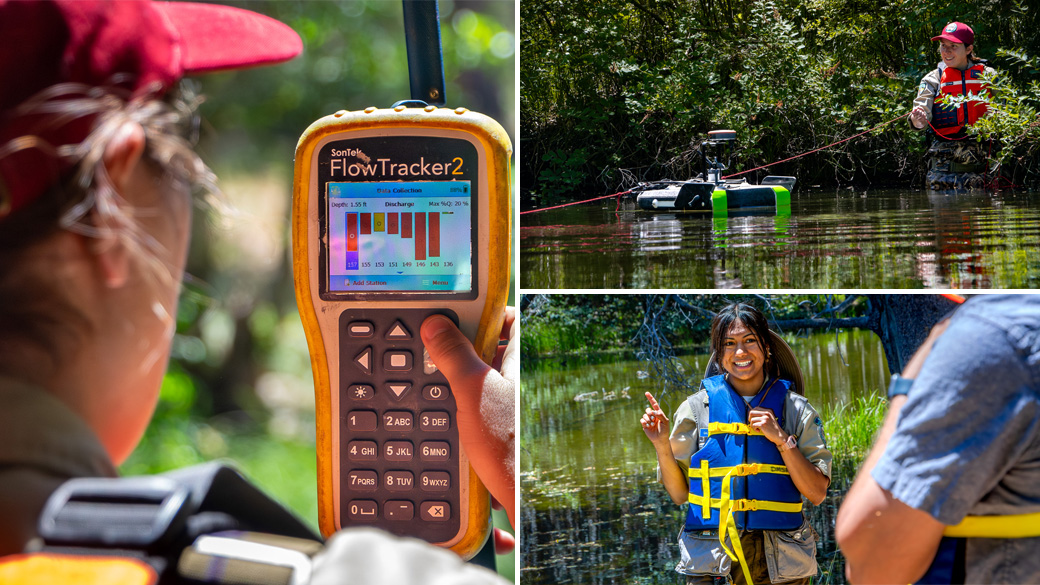 MainImage_Internships_2025_1040x585 Side image: Corpsmember operates a Flow Tracker device. Top image: Corpsmember pulls survey equipment across creek. Bottom image: Corpsmember in floatation device talks to a group of people