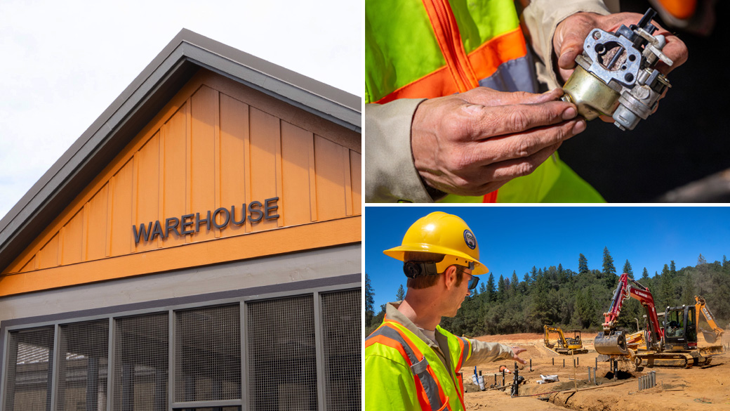 MainImage_MMechanic_Collage_1040x585 Left: building that says warehouse on it. Top: close-up view of engine part. Bottom: man pointing at construction site.