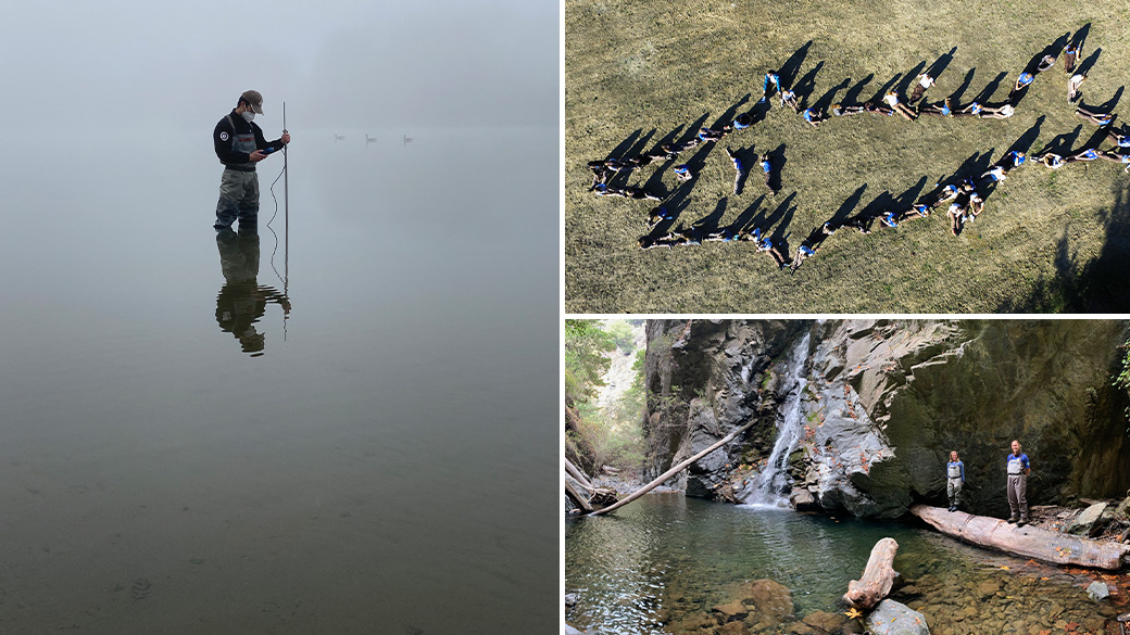 side image: man standing in water with pole. top: aerial of people creating a fish. bottom: corpsmembers walking through creek.
