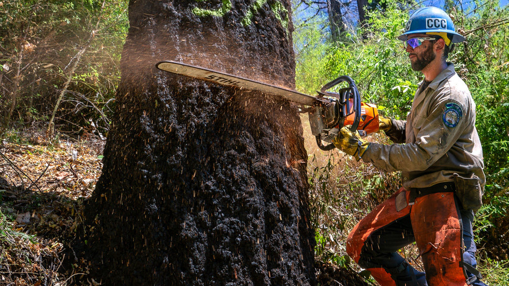 img-9 Corpsmembers with the Placer 1 fire crew cut fire line with hand tools as flames from the Dixie Fire approach in 2021.