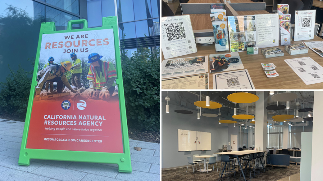 Careers_CNRACareerCenter_1040x585 left image: sandwich board sign for CNRA career center; top: display of flyers and brochures on a table; bottom: view of the inside of resource center with tables and chairs