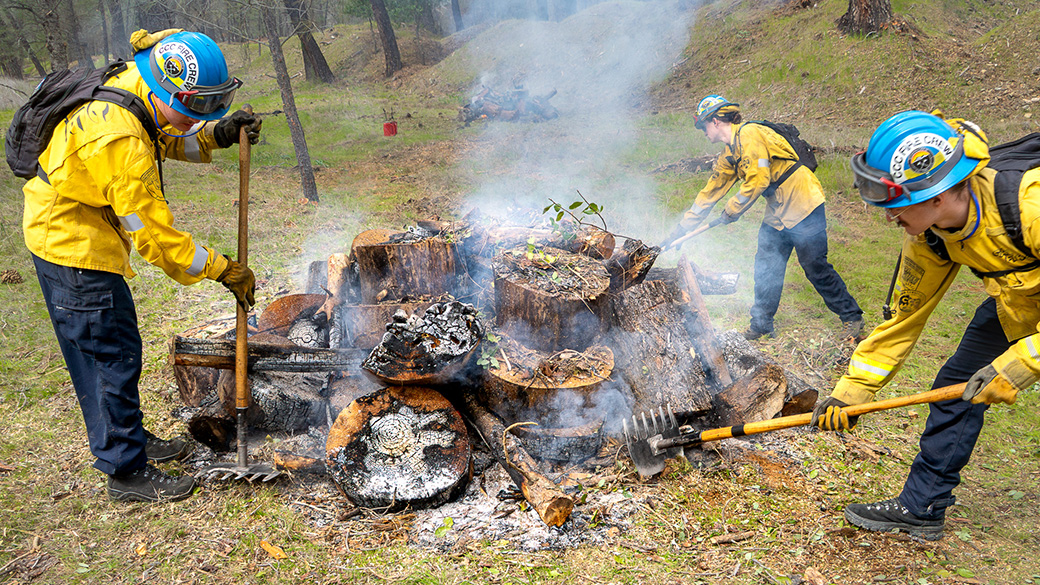 Redding Fire crew corpsmembers with a burn pile.