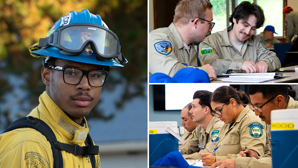 EarnWhileYouServe_1040x585 (Left) Wildland firefighting Corpsmember, (top right) Corpsmember laughing writing notes, (bottom left) Corpsmember taking notes during lecture.