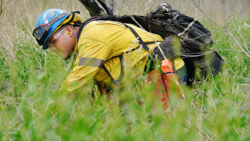 male corpsmember in uniform squatting down with chainsaw through the grass